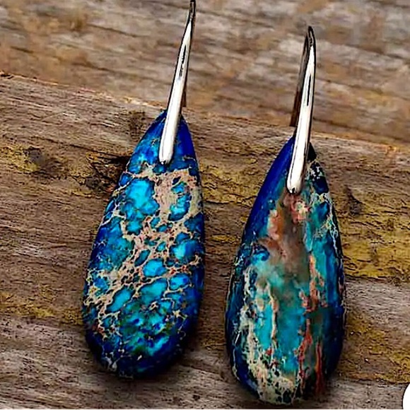 Imperial Jasper Stone Earrings Blue Silver - Picture 2 of 3